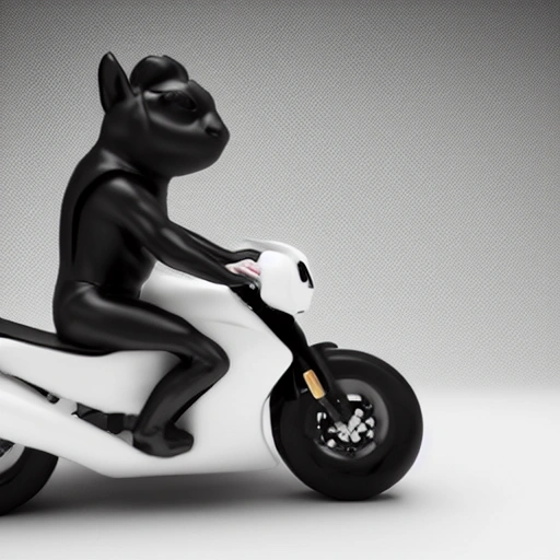 a white rabbit is riding a black motorcycle, c4d render, huge head and tiny arms,