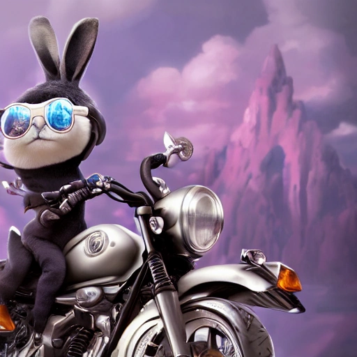 Cute adorable little bunnyriding a black motorcycle wearing sunglasses, unreal engine, cozy interior lighting, art station, detailed digital painting, cinematic, character design by mark ryden and pixar and hayao miyazaki, unreal 5, daz, hyper realistic, octane render