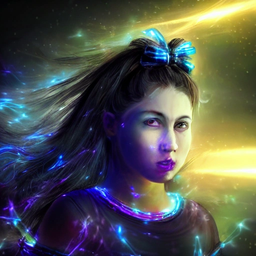 warrior, beautiful, high res, galaxy, black eyes, best quality, long hair, with bow in arms, realistic portraits, with glowing blue lights, overflowing energy