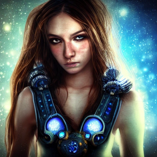 ultra high res, warrior, beautiful,  galaxy, brown eyes, best quality, long hair, with bow in arms, realistic portraits, with glowing blue lights, overflowing energy, science fiction, an extremely and delicate beautiful girl