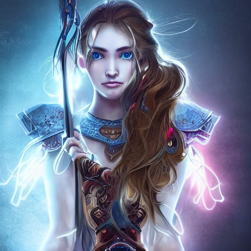 best quality, portrait of a beautiful warrior with brown eyes, long hair, with bow in arms, realistic portraits, with glowing blue lights, overflowing energy, science fiction, an extremely and delicate beautiful girl