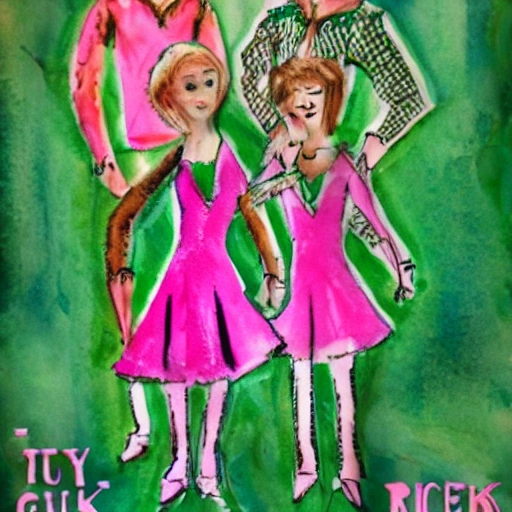 Guys and girls in pink and green clothes, made at renaissance era, movie poster, in style of mick rock, Water Color