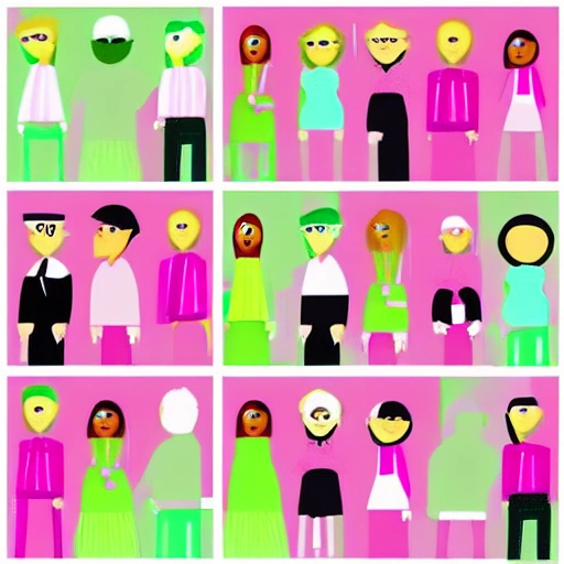 People in pink and green clothes moodboard, Cartoon, 3D