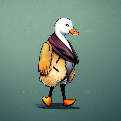 Elegant antropomorphic duck wearing a long leather coat and sunglasses, hyperrealistic, photorealistic