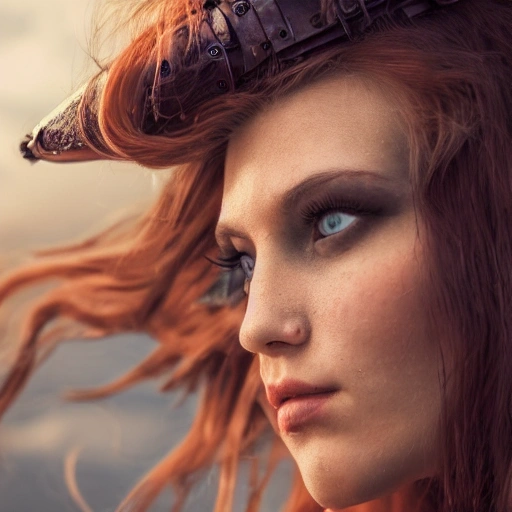 detailed, close up portrait of girl standing in a steampunk city with the wind blowing in her hair, cinematic warm color palette, spotlight, perfect symmetrical face
