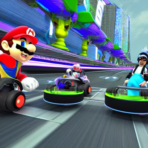 futuristic kart racers, mario kart, cyberpunk, modern, 3D