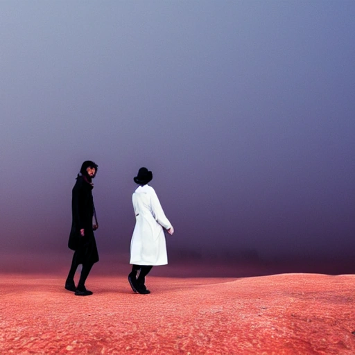 man and woman dressed in white trench coat, walking, red desert and black rocks at background, dark sky, horison dissolves in fog,  cinematic shot