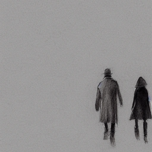 man and woman dressed in white trench coat, walking, red desert and black rocks at background, dark sky, horison dissolves in fog,  cinematic shot, Pencil Sketch