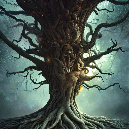 Prompt: Illustration of a surreal, otherworldly scene featuring a giant, detailed and intricate tree with beautiful lighting and realistic proportions, as if it were a cinematic background, by popular artists Jeremy Geddes and Zara Gonzalez Hoang, 4k, clean, realistic face, realistic eyes, highest quality, realistic hands, trending on artstation, masterpiece