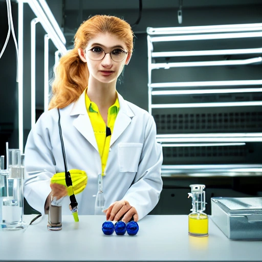 Elena Kampouris in lab coat standing near table with neon tubes and holding glass ball, she has ponytail, backgrond laboratory with wires and steel gas tanks, uhd, photorealistic