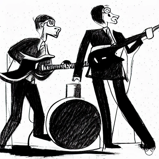 rock'n'roll singer-guitarist contrabass player drummer in a black suits on stage, Pencil Sketch