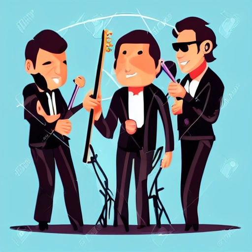 rock'n'roll singer-guitarist, contrabass player, drummer in a black suits all on stage, cartoon