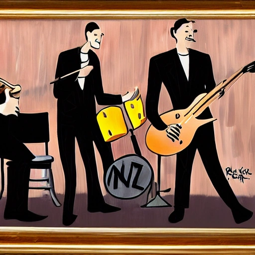 rock'n'roll singer-guitarist, contrabass player, drummer in a black suits all on stage, cartoon, Oil Painting