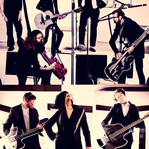 rock'n'roll singer-guitarist, contrabass player, drummer all on stage, detailed black suits, side view, 3D