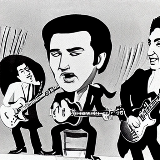 Chuck Berry with guitar, Elvis Presley on a bass, Johnny Cash on a drums, playing rock’n'roll together on stage, Cartoon