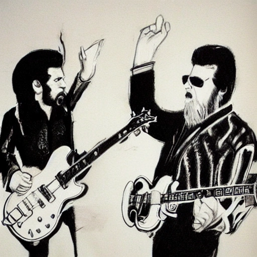 Chuck Berry on guitar with a beard, Elvis Presley on a bass, Johnny Cash on a drums, playing rock’n'roll together on stage, , Pencil Sketch