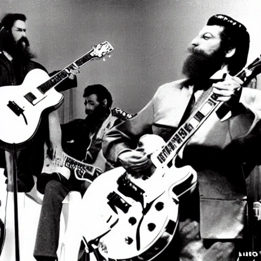 Chuck Berry with a beard playing guitar, Elvis Presley playing double bass, Johnny Cash playing drums, , 3D