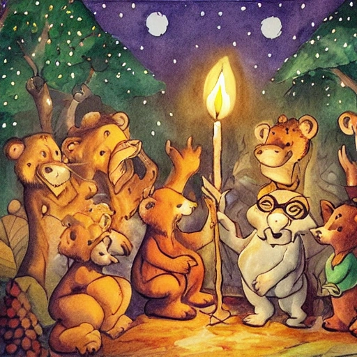 Image of a night preschool, lit with candles in the middle of the forest.  The master is an anthropomorphic, old condor who wears glasses and a white scarf.  The pupils are anthropomorphic cubs of bear, fox, giraffe, hippopotamus, lion, gazelle, all are dressed., Water Color