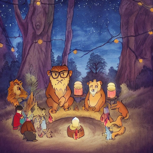 Image of a night preschool, lit with candles in the middle of the forest.  The master is an anthropomorphic, old condor who wears glasses and a white scarf.  The pupils are anthropomorphic cubs of bear, fox, giraffe, hippopotamus, lion, gazelle, all are dressed., Water Color, in the style of Studio Ghibli