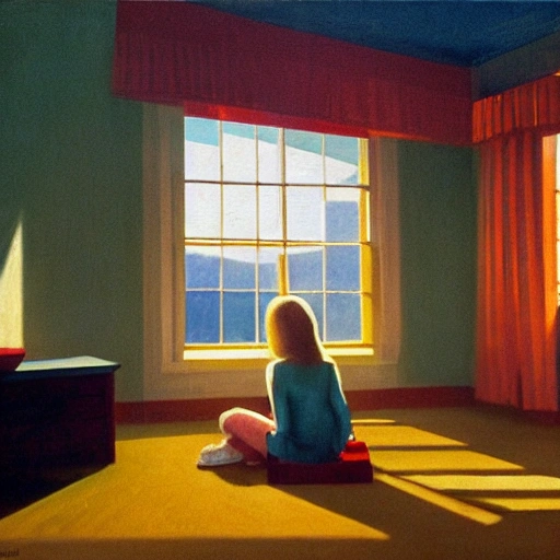 lone girl waiting inside a room, 70s, stanley kubrick the shinning, american gothic, vibrant colors americana, cinematic, volumetric lighting, ultra wide angle view, realistic, detailed painting in the style of edward hopper and rene magritte 