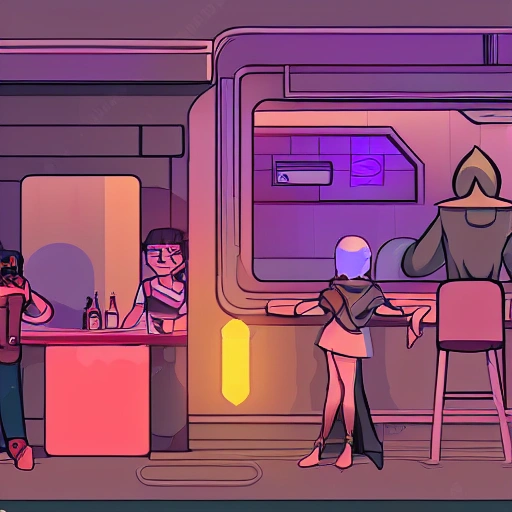 create a storyboard of a scene in a cyberpunk bar where a young ... -  