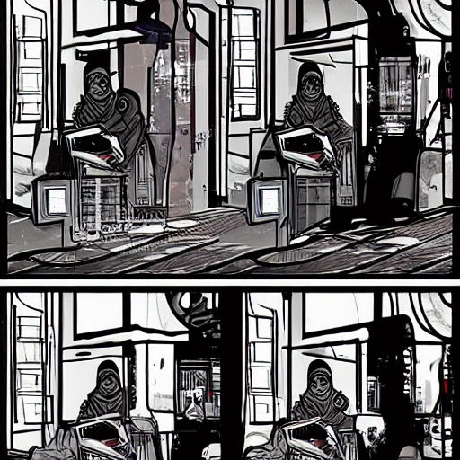 create a highly detailed color storyboard of a scene in a cyberpunk bar with a young man in a hood looking at his cell phone. , Cartoon