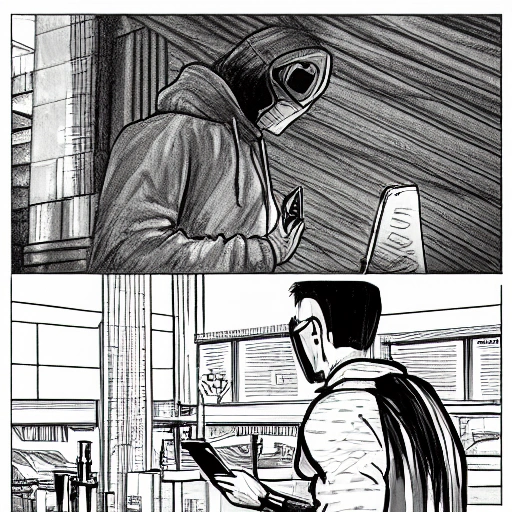 comic style drawing of a cyberpunk scene of a bar with a young man with a hood looking at his cell phone. Wide Plan. , Pencil Sketch