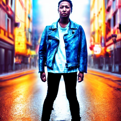 future human with blue distressed leather jacket, future street,rain,8K,neon signs, 