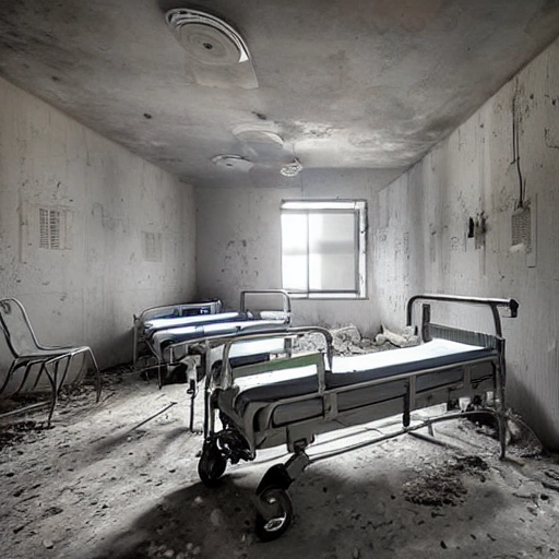 Generate an image of a medical bay inside the abandoned base, with empty cots and outdated medical equipment lining the walls. The scene should be filled with a sense of tragedy and sorrow as visitors imagine the patients who were once treated there.