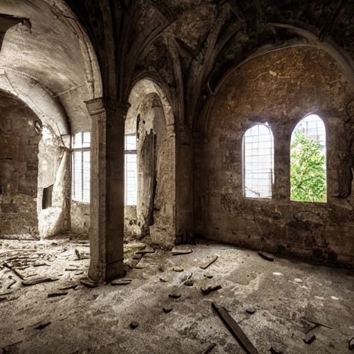 Estudio de fotografía medieval abandonado, todo sucio y con telarañas con ventanal con luz del solo que entra al estudio. Se encuentran elementos de fotografia de la época.