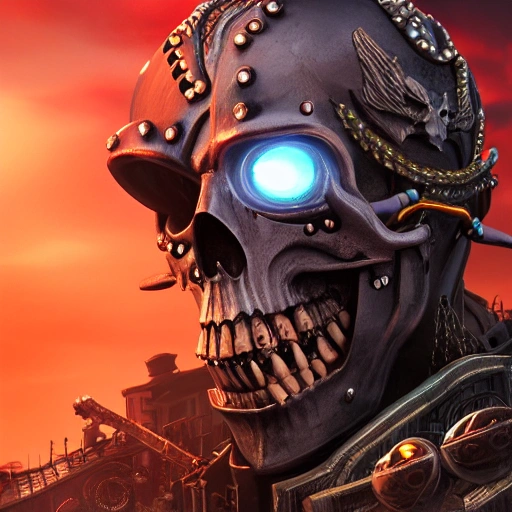 Film Noir style full body majestic ornate matte black cyberpunk cyborg skull Pirate king with glowing red eyes, standing on an ominous pirate ship with sea in the background, 3D octane render, metal gear integrated with skull and bones, biomechanical futuristic body body, highly detailed symmetrical face, creative masterpiece by james jean, Patrick Woodroffe, carved ivory and rusted heraldic metal armor, grimdark, dark reflections, leather, gears, beautiful gradient, depth of field, neoprene, behance contest winner, portrait featured on unsplash, stylized digital art, smooth, TanvirTamim, ultra high definition, 8k, unreal engine 5, ultra sharp focus, intricate artwork masterpiece, ominous, epic, trending on artstation, Epic cinematic brilliant stunning intricate meticulously detailed dramatic atmospheric maximalist digital matte painting