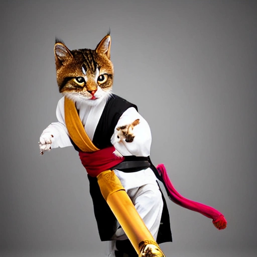 Create a photograph featuring a Kung Fu cat dressed in a long robe, wielding a sword while performing a dance. The cat should appear skilled and confident in its movements, showcasing its martial arts prowess. The background could be a traditional Chinese setting, such as a temple or garden, to enhance the overall aesthetic. Use lighting and composition to highlight the cat's agility and grace, capturing a moment that is both dynamic and visually striking.