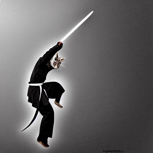 Create a photograph featuring a Kung Fu cat dressed in a long robe, wielding a sword while performing a dance. The cat should appear skilled and confident in its movements, showcasing its martial arts prowess. The background could be a traditional Chinese setting, such as a temple or garden, to enhance the overall aesthetic. Use lighting and composition to highlight the cat's agility and grace, capturing a moment that is both dynamic and visually striking., Pencil Sketch, Pencil Sketch, Pencil Sketch, Pencil Sketch, Pencil Sketch