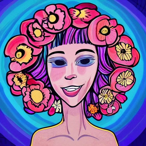 The girl with the petals in her hair, smile, Cartoon, Trippy