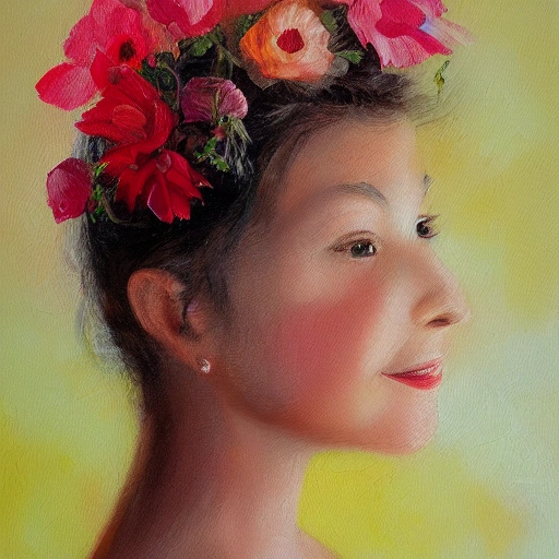 The girl with the petals in her hair, smile,Oil Painting