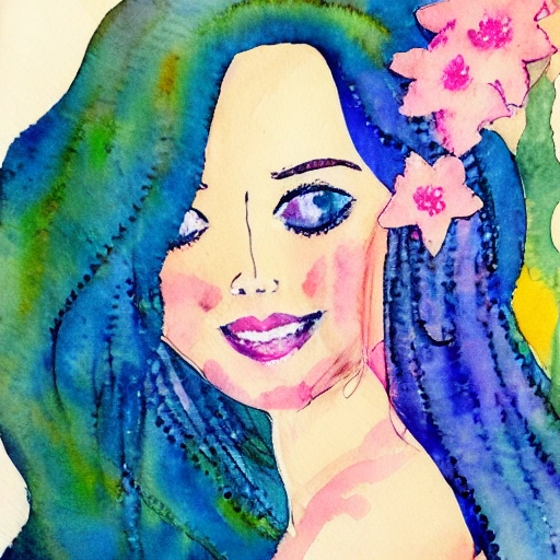 The sexy girl with the petals in her hair, smile,, Water Color