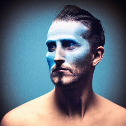 a man with three heads and pierced with a tesseract. the background is petroleum blue and the colors of his face are warm, the photographic quality is that of a Leica camera, 3D