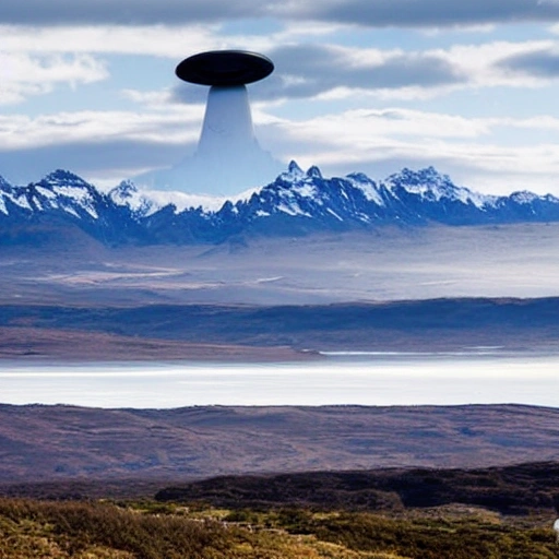 landscape of the Patagonian lands and a giant UFO flying over it