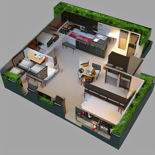 3d floor pant, 2 bedrooms, 2 bathrooms, open kitchen, modern house, 3D