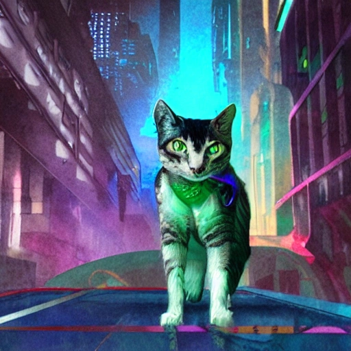 3d render cyberpunk CAT, Water Color