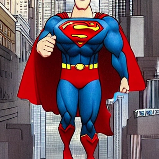 The perspective of a person with deuteranopia level color blindness watching superman walking calmly through a city and his physique was similar to that of an Asian person

comic, 3D,realistic,fantasy dark