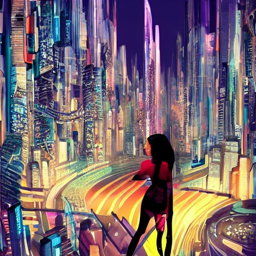 Behold a mesmerizing sight of a young woman amongst a high-tech futuristic cityscape, bursting with vibrant and extreme details." --ar 9:16 