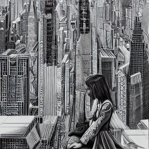 Behold a mesmerizing sight of a young woman amongst a high-tech futuristic cityscape, bursting with vibrant and extreme details." --ar 9:16 , Pencil Sketch