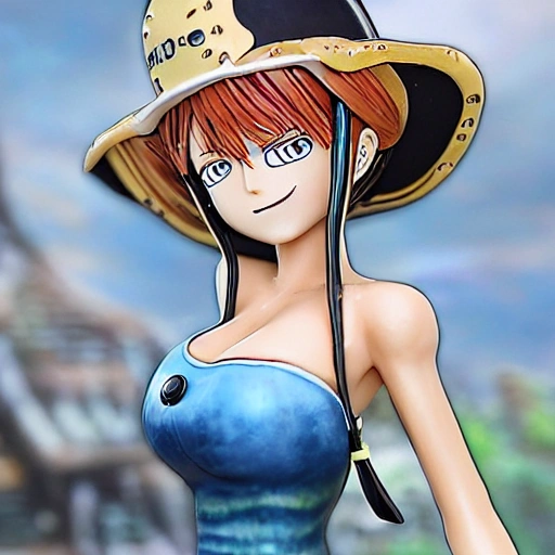 best quality , masterpiece , highly detailed , semi-realistic , character nami of one piece , upper body , raiden shogun , (ulzzang-6500-v1.1: 0.5) , big breasts , perfect face , bright eyes , long hair , purple hair , ornament for hair , lightning in the sky , night sky , old building in the background , depth of field , look at viewer ,