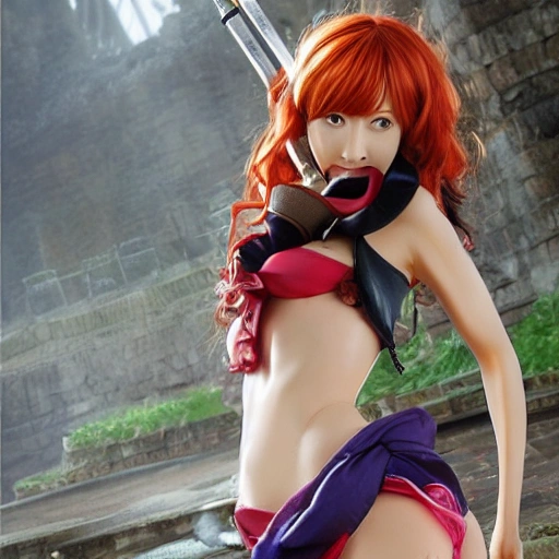 best quality , masterpiece , highly detailed , Mega realistic , character nami of one piece , upper body , raiden shogun , (ulzzang-6500-v1.1: 0.5) , big breasts , perfect face , bright eyes , long hair , purple hair , ornament for hair , lightning in the sky , night sky , old building in the background , depth of field , look at viewer ,3D,Sexy