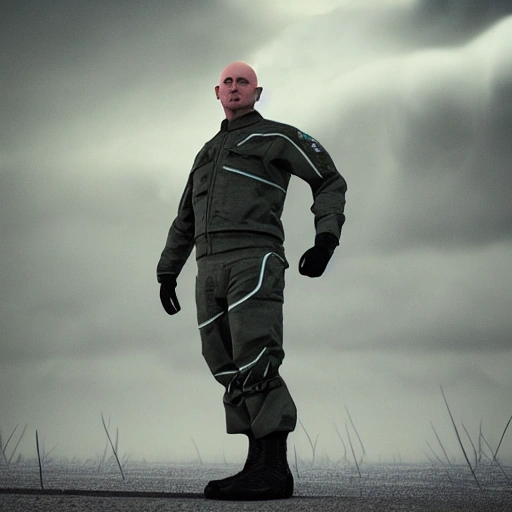 Bald head, military hair, outdoor storm suit, moody expression, CG quality, animation rendering,

