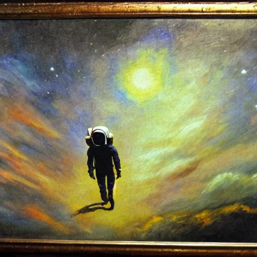 Underfoot view, astronaut striding toward Dark demons, fantasy style, Impressionist, best masterpiece,