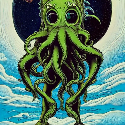 From behind, the astronaut strode out, using the sole of his feet to create a visual impact, and in front of him was the giant Cthulhu, facing the fear of the unknown, the unnamable terror, the best masterpiece, the picture is terrifying, the atmosphere is eerie