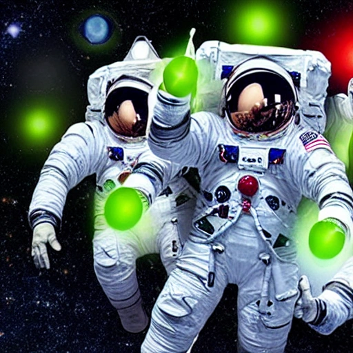 The astronauts, wearing a white spacesuit, hold a shining energy sword and face a huge ksuu. The body of ksuu is made up of countless tentacles, each with different forms and colors. Its eyes are two huge green spheres, emitting a remarkable light. Between astronauts and ksuu, it is a dark space background, dotted with stars.