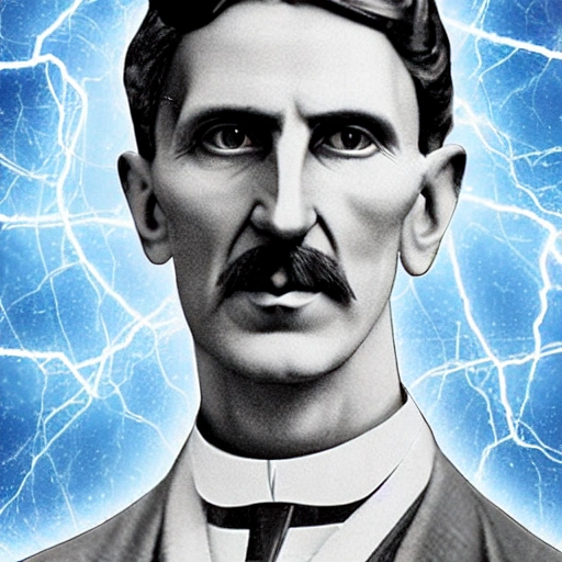 Create a dynamic illustration of Nikola Tesla wearing a sleek, m ...